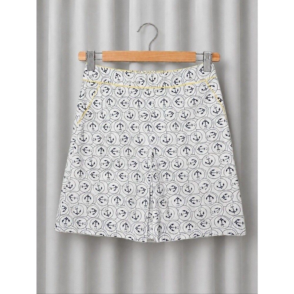 L.L. Bean Navy Blue Anchor Yellow Trim Inverted Pleat A-line Coastal Prep Skirt
